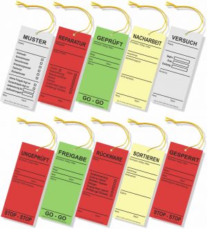 Hängeetiketten aus farbigem Karton mit Schnur - viele QS-Texte